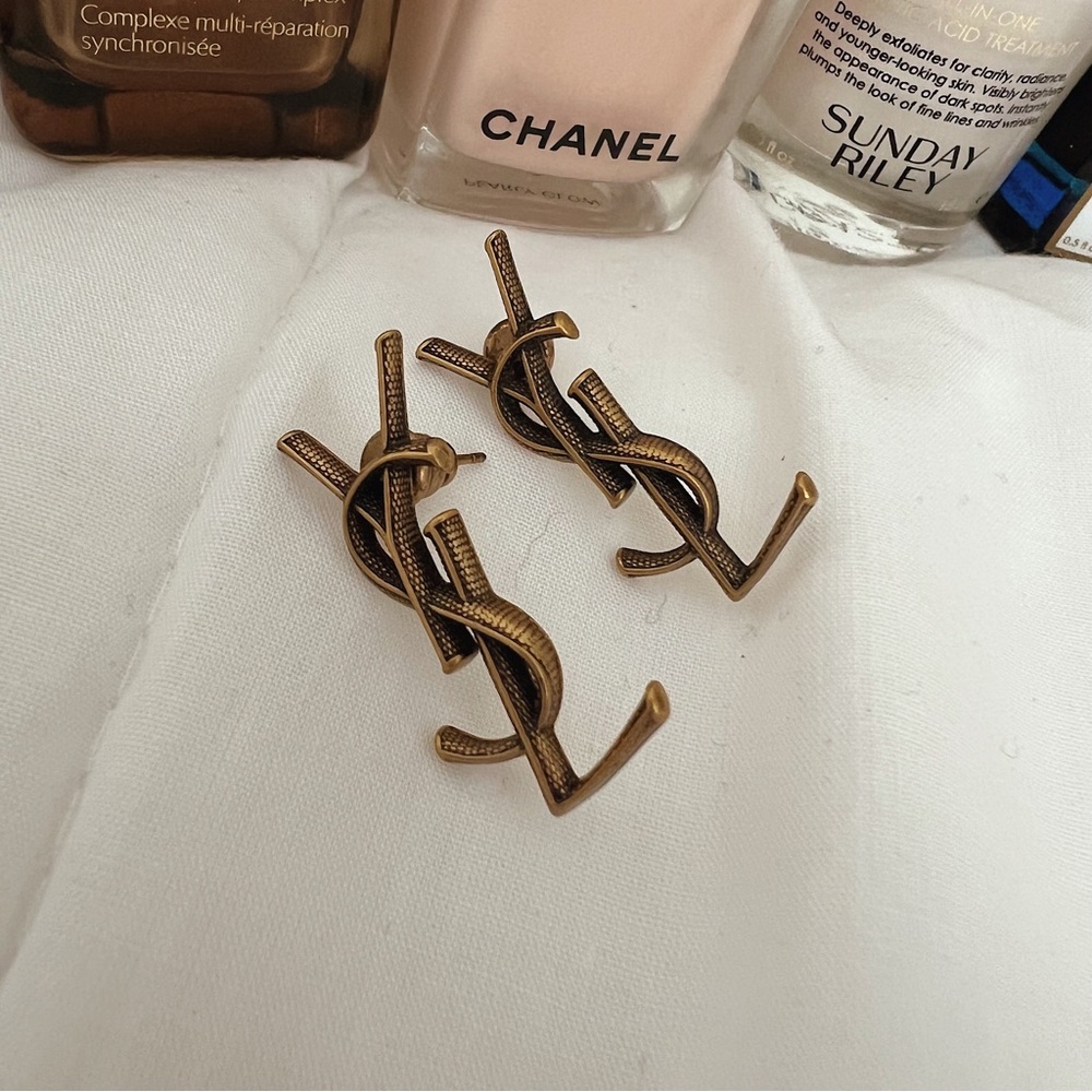 YSL Logo Antique Gold Stud Earrings